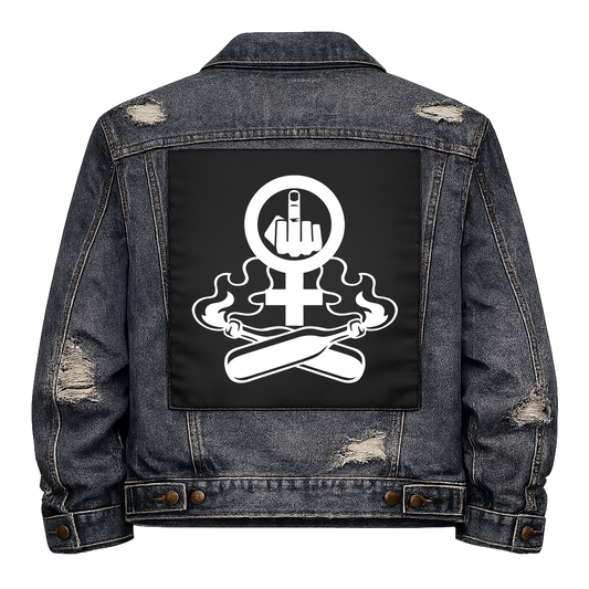 Black fabric back patch sew onto a denim jacket with the design "Feminist Molotovs"
