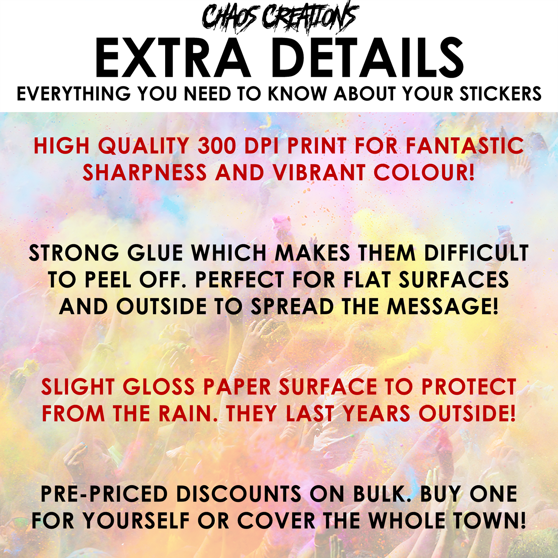 The image is a promotional advertisement for Chaos Creations, featuring details about their stickers and products.