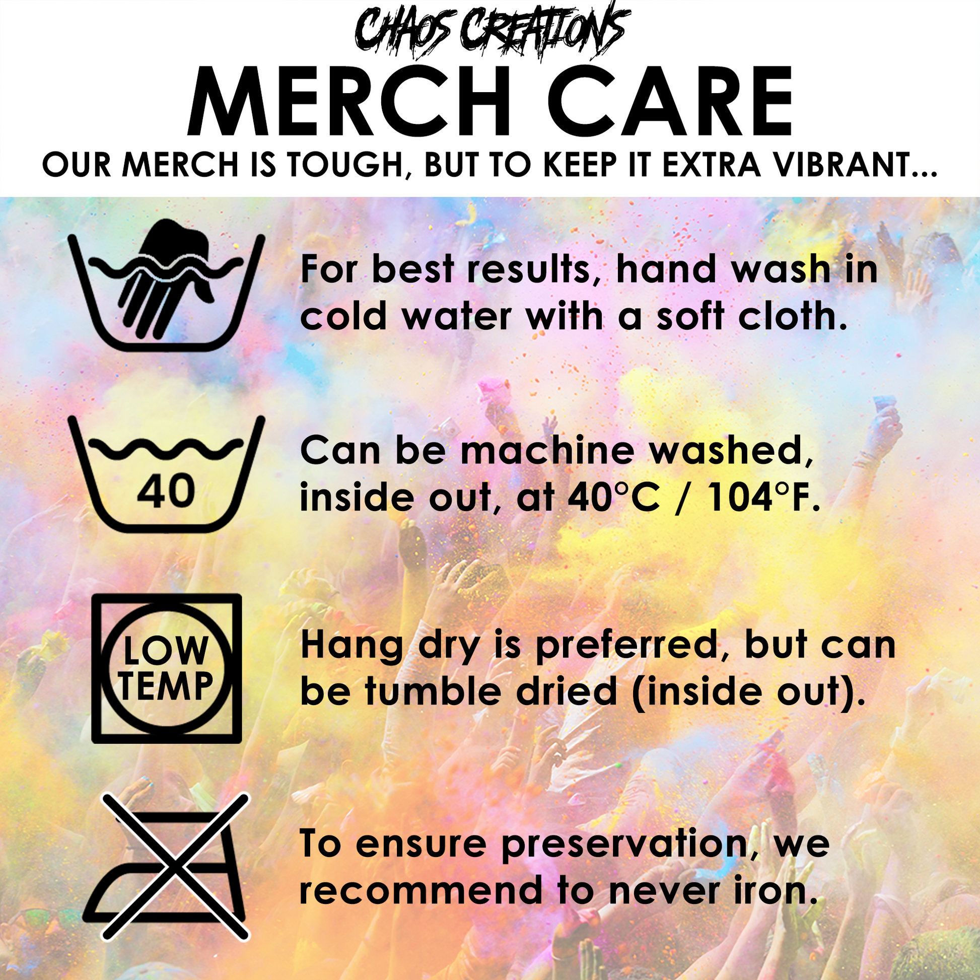 The image is a colorful advertisement for merchandise care, featuring various washing instructions for different types of merchandise.