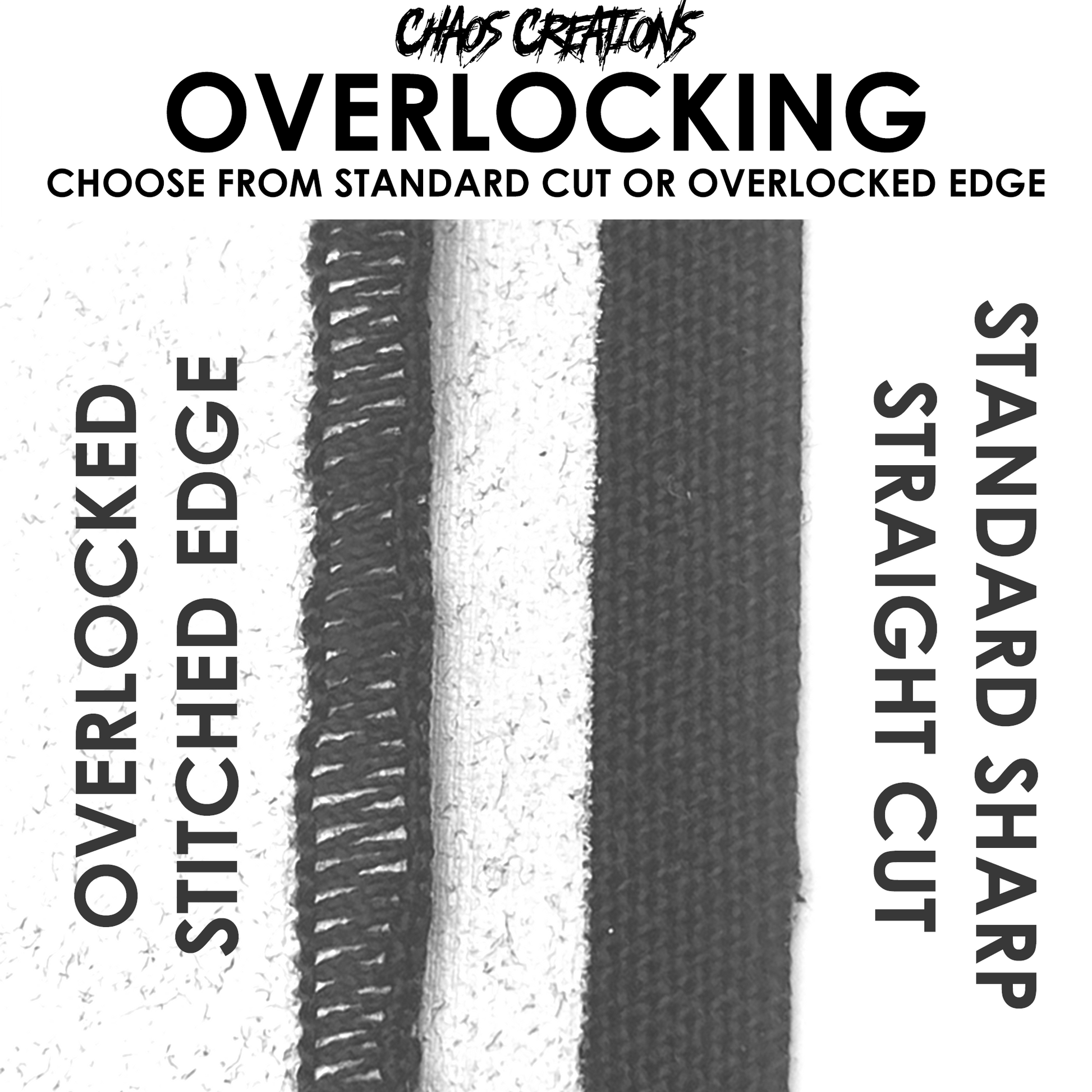 The image shows the two different edge finishes you can get with this patch. One is Standard Cut Edge and the other is an overlocked stitched edge to prevent fraying.