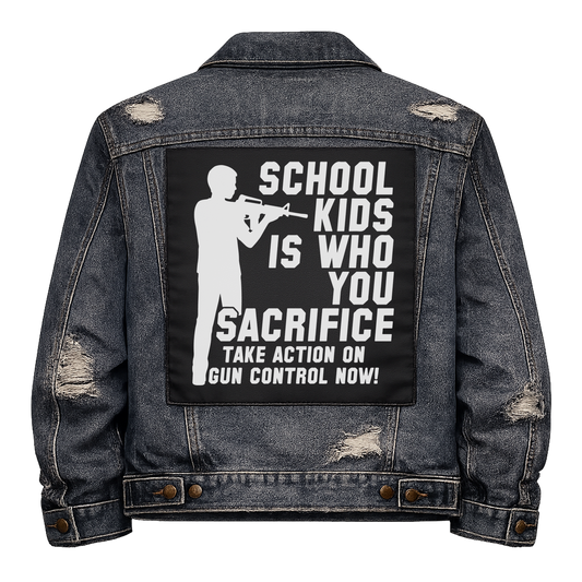 Black fabric back patch sew onto a denim jacket with the design "Action on Gun Control"