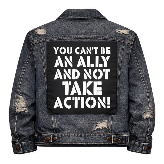 Black fabric back patch sew onto a denim jacket with the design "Ally"