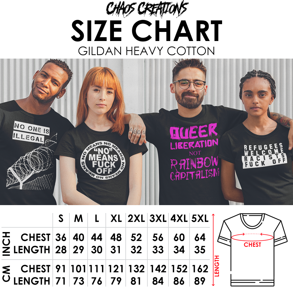 The image is a size chart for a Gildan Heavy Cotton t-shirt, featuring four individuals wearing the shirts and providing measurements for each size.