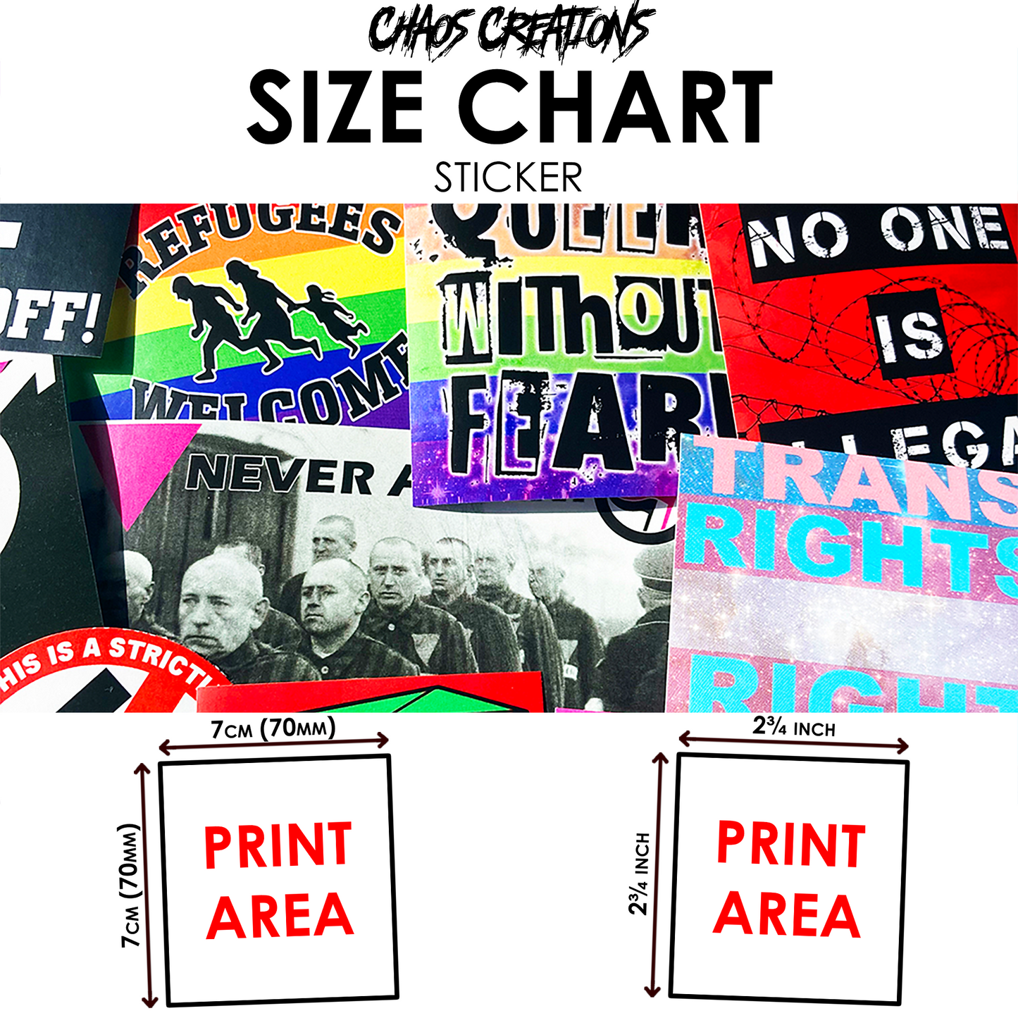 a variety of stickers with different messages and designs, including political and social themes. The stickers are of various sizes and are spread across a surface. The image is a collage of multiple images, and the stickers are described in terms of their size and print area.